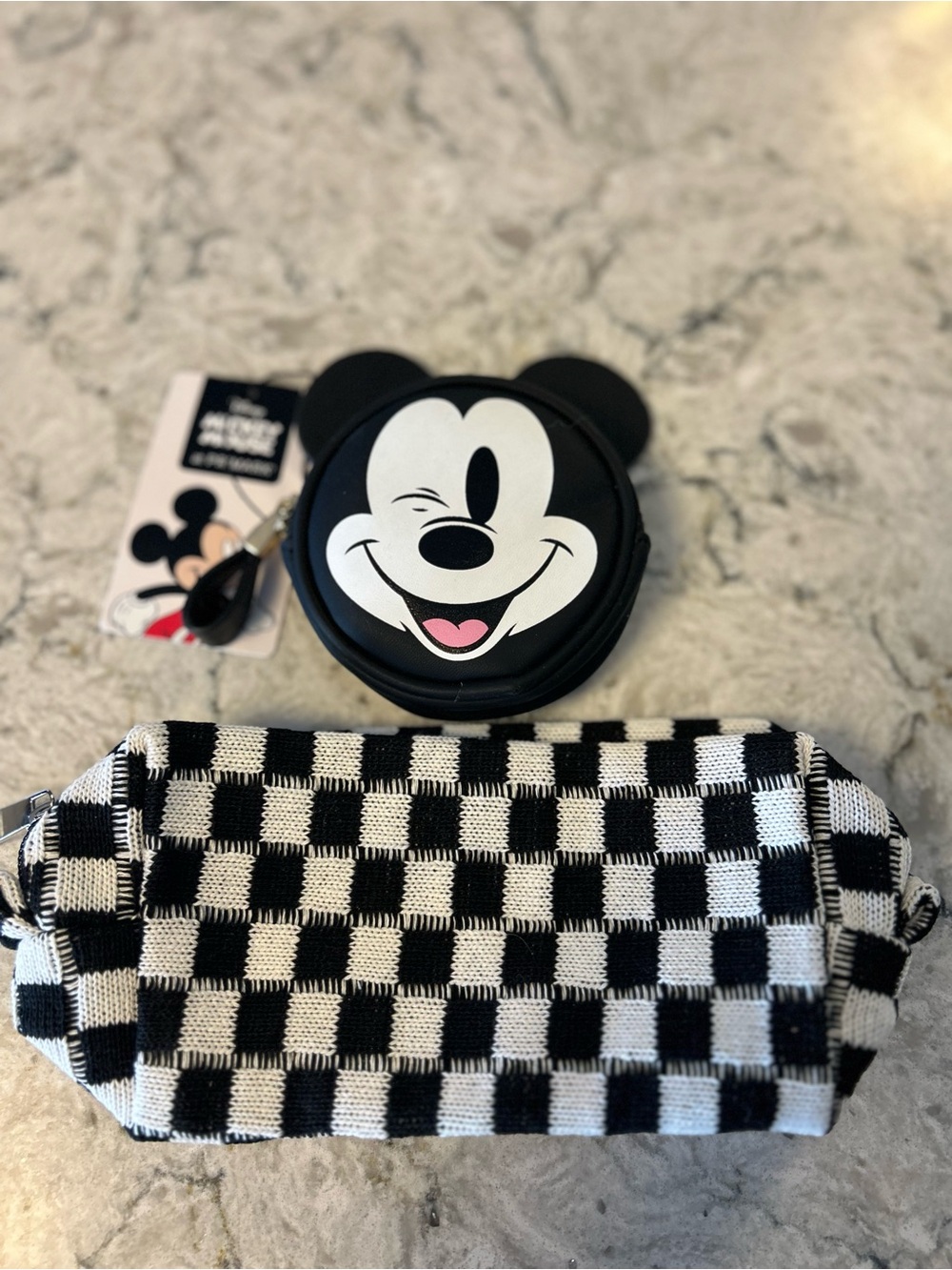 Disney Black and White Mickey Mouse Coin Purse with Checkerboard Pouch